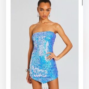 Retrofete Valley iridescent Blue feather Sequin Strapless Mini Dress